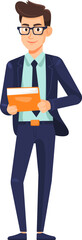 Businessman Holding Documents: A friendly-looking businessman in a dark blue suit and light blue shirt, holding an orange document folder, stands confidently.