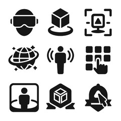 AR_VR Learning Icons. Solid, filled icons set of AR/VR learning aids: VR headset, 3D model, AR marker,