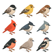 Bird Icon Grid. Isometric Flat icon set of common seed-eating birds: chickadee, finch, sparrow, cardinal, nuthatch, titmouse,
