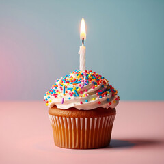 A delightful birthday cupcake or cake with colorful icing, sprinkles, and a lit candle, perfect for any sweet celebration
