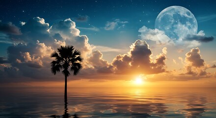 Serene tropical beach sunset with a lone palm tree, calm ocean waters, dramatic clouds, full moon, and starry sky, peaceful evening landscape for travel and nature backgrounds
