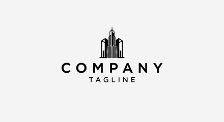 Minimalist Black City Skyline Logo – Stylized Vector Skyscraper Trio with Central Spired Tower and Geometric Facades