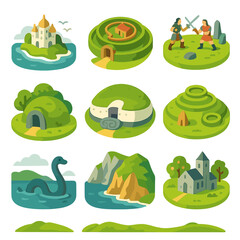 Celtic Mythic Icon Set. Isometric Flat icon set of mythic Celtic locations: Tir na nÓg, Emain Macha, Magh Tuireadh, Sídhe mound,