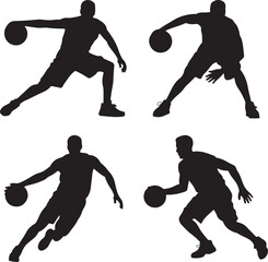 Basketball Player Dribbling Silhouette Set — Crossover, Behind the Back, Low Dribble, Drive, Hesitation — Black Vector Icons on White