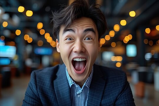 Close-up portrait of a young Asian man with a surprised and joyful expression