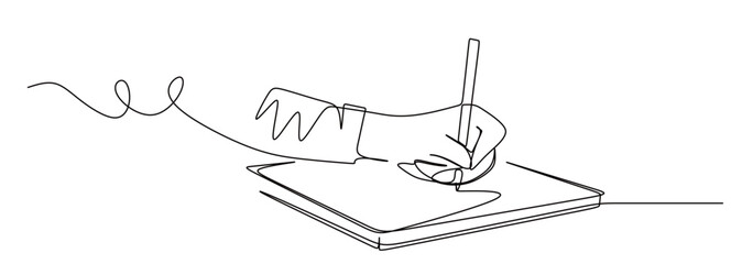 art of a continuous line from a left hand writing on a book. international left handers day.