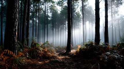 Naklejka premium A soft, misty morning in a pine forest, with vintage tones creating a nostalgic atmosphere as the fog clings to the trees and the first rays of light begin to shine through.