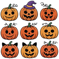 Pumpkins different expressions set vector isolated white background