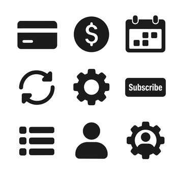 Digital Subscription Icons. Solid, filled icons set of digital subscription tools: credit card, dollar icon,