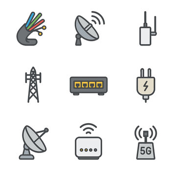 Communication Tech Icons. Flat icon set of communication backbone technologies: fiber optic cable, microwave link, cellular tower,