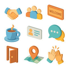 Connection Icons Grid. Isometric Flat icon set of building new connections: handshake, group of people, welcome mat, coffee cup,