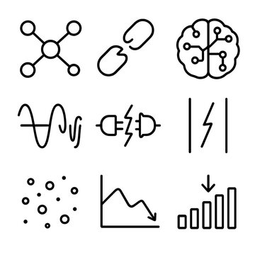Connectivity Disruption Icons. Outline icon set of functional connectivity disruption: node network, broken link, brain network