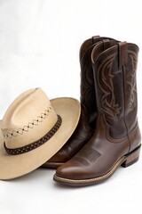 Leather cowboy boots and hat isolated on white with clipping path