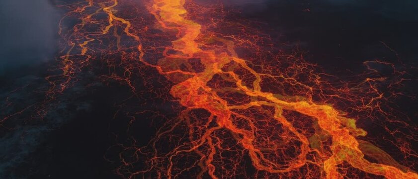 Lava Flow: A fiery river of molten lava snaking through a rugged, volcanic landscape, creating a dramatic and mesmerizing scene.