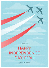Military Airplanes flying with Red and White Trails. Peruvian National Flag Colors. Independence Day Celebration. July 28 Holiday Concept. Clouds and Sky Background. Vertical Flat Vector Illustration.