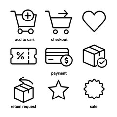 E-commerce Icon Set. Outline icon set of e-commerce interactions: add to cart, checkout, wishlist, apply coupon, payment, order