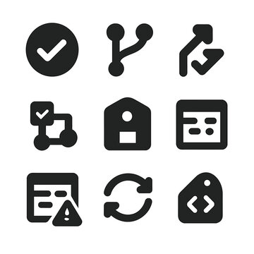 Git Workflow Icons. Solid, filled icons set of version control and git workflow: commit icon, branch icon,