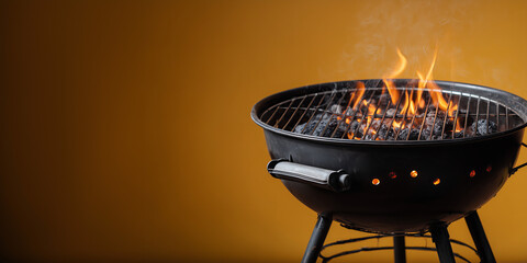 Charcoal grill with roaring flames against a vibrant orange backdrop, perfect for outdoor cooking or summer gatherings