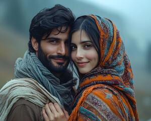 A caring Indian husband wraps his wife in a shawl on a chilly hilltop