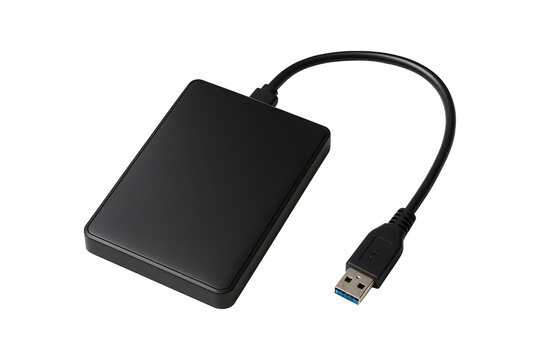 Black External Hard Drive with USB Cable Isolated on White Background