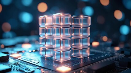Glass data blocks stacked on microchip with glowing circuits and bokeh lights in futuristic digital processing background

 - Powered by Adobe
