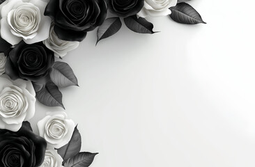 Elegant Black and White Rose Flower Decoration with Vines on Minimal Negative Space Background Illustration