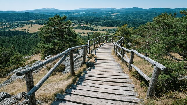 Wooden stairs with railing leading to a scenic vista.