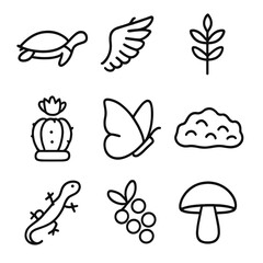 Fototapeta premium Flora Fauna Icon Set. Outline icon set of flora and fauna protection: turtle silhouette, eagle wing, medicinal plant, cactus