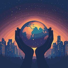 Hands holding planet Earth over a city skyline at dusk