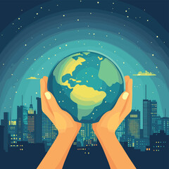 Hands holding planet Earth over a city skyline at dusk