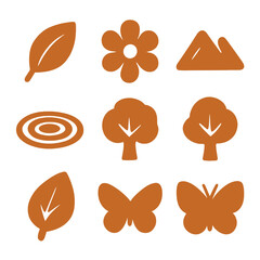 Nature Icon Grid. Solid, filled icons set of inspired natural design motifs: leaf icon, flower icon, mountain