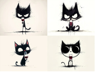 Cute angry animals drinks wine from glass. Black and white pencil drawing of funny animal on white background. Creative animal concept. Isolated on backdrop, commercial. digital art, faceted, minimal
