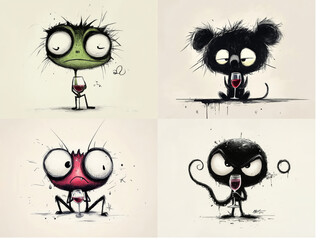 Cute angry animals drinks wine from glass. Black and white pencil drawing of funny animal on white background. Creative animal concept. Isolated on backdrop, commercial. digital art, faceted, minimal
