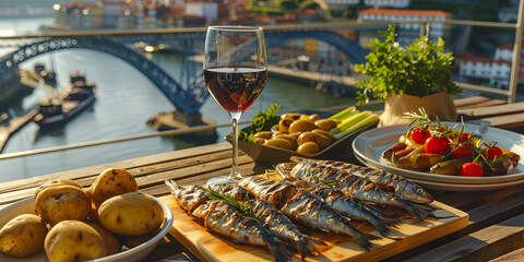 Grilled sardines, boiled potatoes, fresh vegetables, glass of red wine, with scenic view of Porto, Portugal in the background.