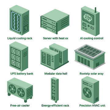 Green Data Center Icons. Isometric Flat icon set of green data center components: liquid cooling rack, server with heat exchanger,
