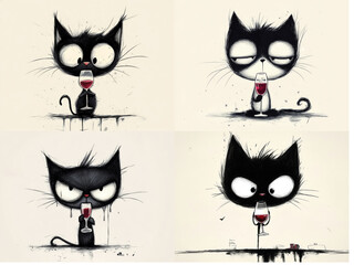 Cute angry animals drinks wine from glass. Black and white pencil drawing of funny animal on white background. Creative animal concept. Isolated on backdrop, commercial. digital art, faceted, minimal