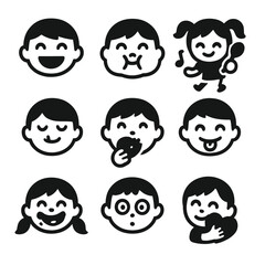 Playful Food Icons. Solid, filled icons set of food-related expressions in kids: big smile, puffed cheeks,