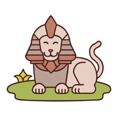Fototapeta premium Cartoon lion wearing Egyptian headdress sitting on green grass 