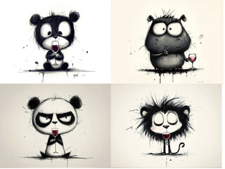 Cute angry animals drinks wine from glass. Black and white pencil drawing of funny animal on white background. Creative animal concept. Isolated on backdrop, commercial. digital art, faceted, minimal