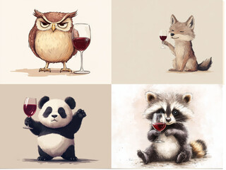 Cute angry animals drinks wine from glass. Black and white pencil drawing of funny animal on white background. Creative animal concept. Isolated on backdrop, commercial. digital art, faceted, minimal