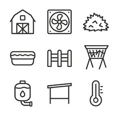 Housing Icon Set. Outline icon set of housing and environment: barn structure, ventilation fan, bedding straw, water trough, fence