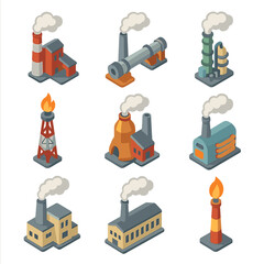 Fototapeta premium Industrial Emissions Icon Set. Isometric Flat icon set of industrial process emissions: steel mill with smokestack, cement kiln,