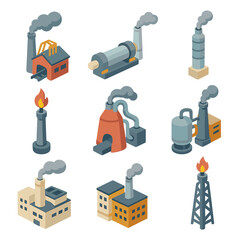 Industrial Emissions Icon Set. Isometric Flat icon set of industrial process emissions: steel mill with smokestack, cement kiln,