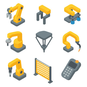 Industrial Robot Icons. Isometric Flat icon set of industrial robot arms and grippers: articulated robot arm, parallel gripper,