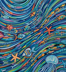 Gen AI Sea and ocean world fish jellyfish squid seahorse overlay abstract art modern abstract wall art desktop screensaver wallpaper banner