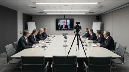 Business leaders engage in strategic discussions during a virtual meeting in a modern conference room - Powered by Adobe
