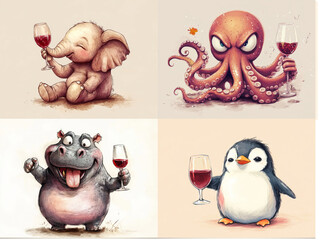 Cute angry animals drinks wine from glass. Black and white pencil drawing of funny animal on white background. Creative animal concept. Isolated on backdrop, commercial. digital art, faceted, minimal