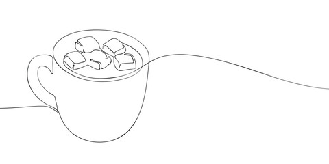 Minimalistic continuous line drawing of a cup filled with hot chocolate topped with marshmallows, perfect for cozy themes.