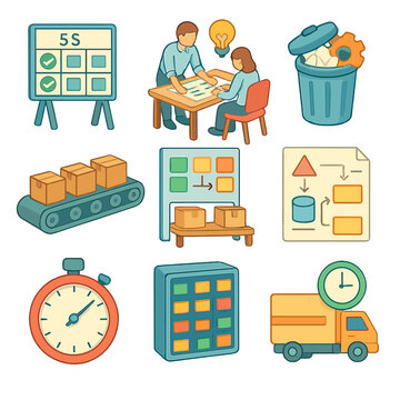 Lean Manufacturing Icons. Isometric Flat icon set of lean manufacturing principles: 5S board, Kaizen workshop, muda waste icon,