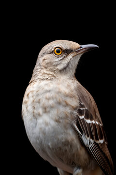 Beautifully detailed close-up of a mockingbird showcasing its distinctive features against a black background, highlighting vibrant eye color and feather patterns